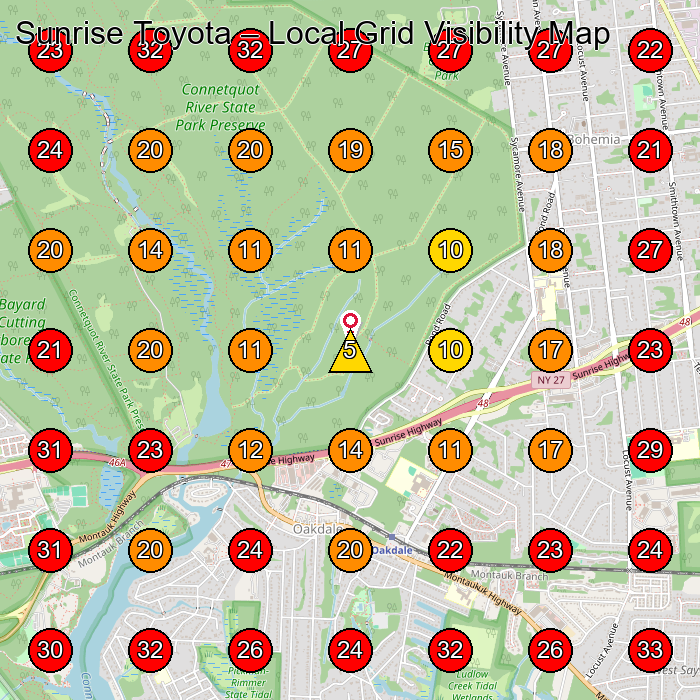 Sunrise Toyota GeoGrid visibility map for Used Car Dealer in Bohemia
